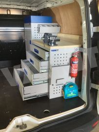 Aluminium van racking with drawers and cabinet/locker work bench and vice