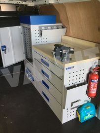 Aluminium van racking with drawers and cabinet/locker work bench and vice