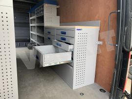 Offside van Shelving and aluminium drawers blue services case with work bench